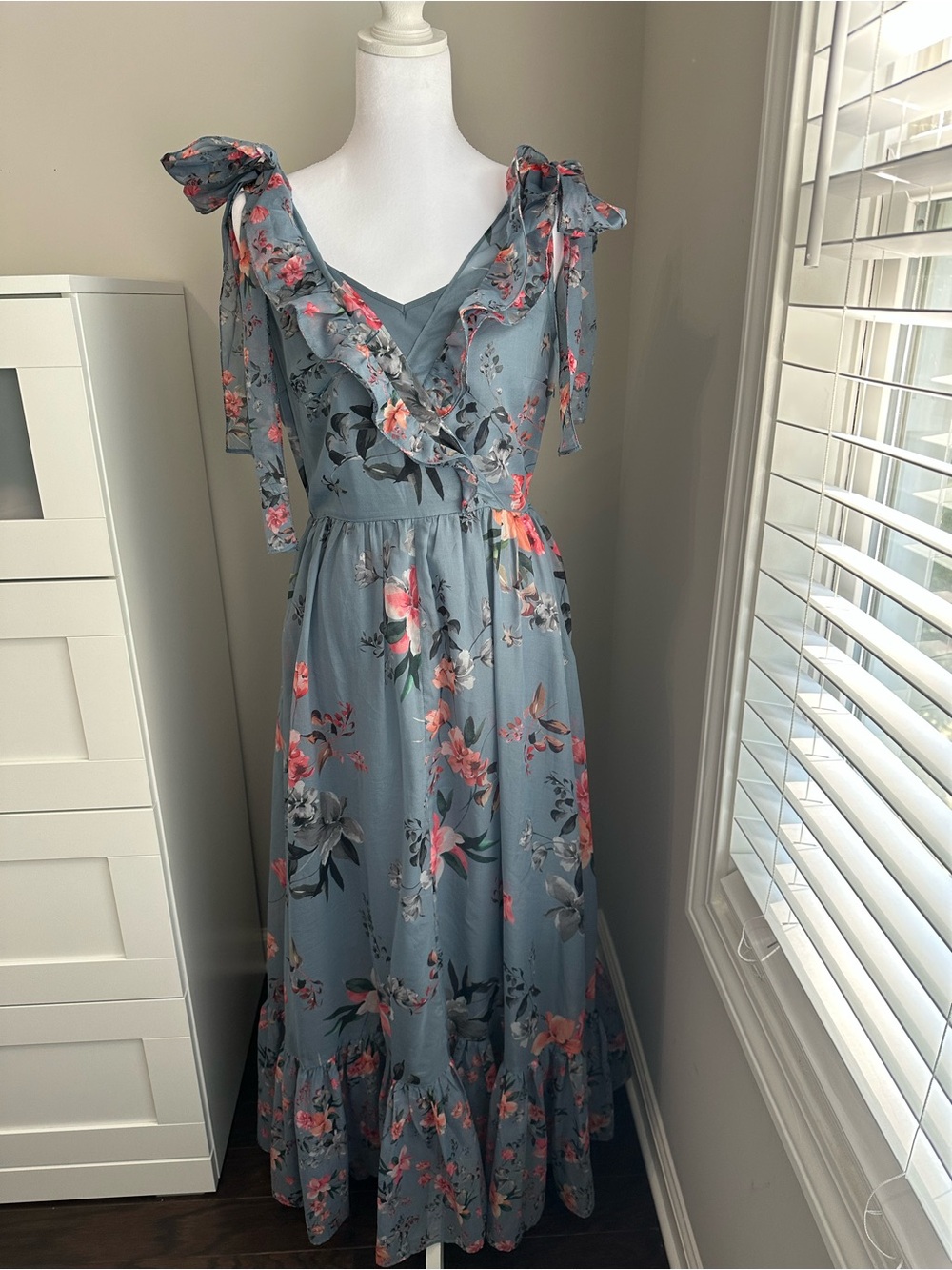 French Connection Dusty Blue Floral Ruffle Maxi Dress